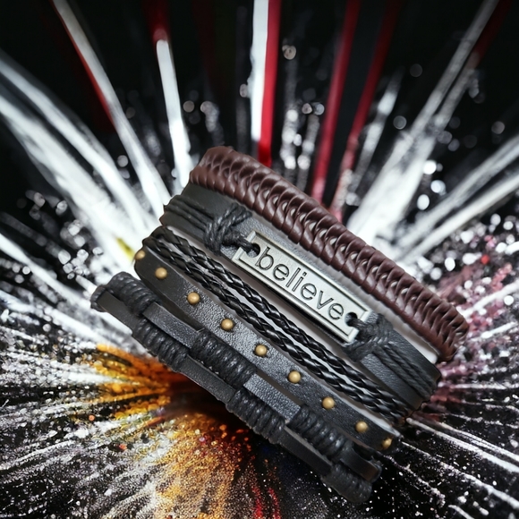 Unisex Leather Bracelet 4 Piece Set - Picture 3 of 8